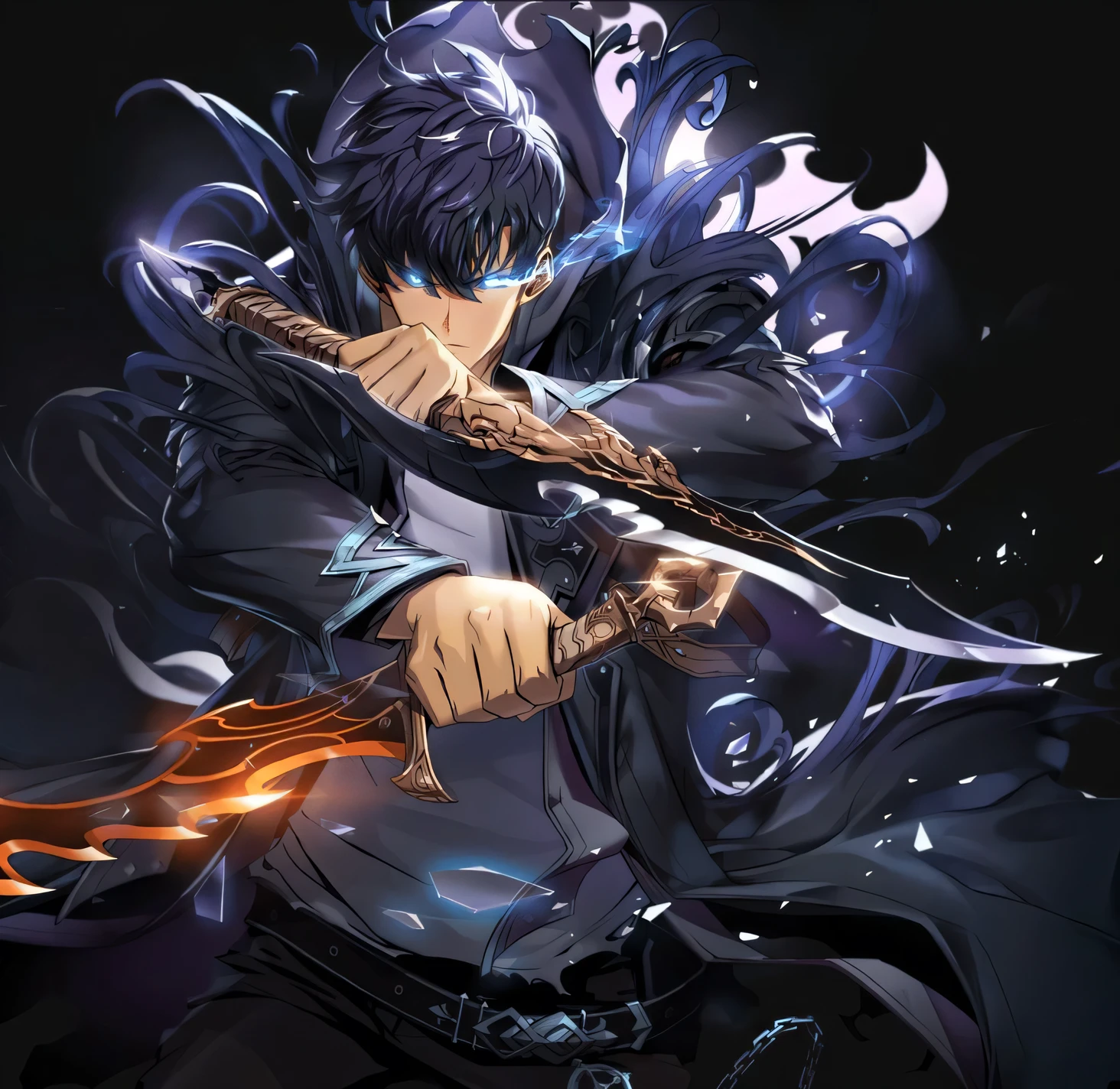 anime character, a handsome man,black hair, wearing gray clothes with a black robe, wearing a necklace, has a turquoise fire aura , calm face,has red eyes.