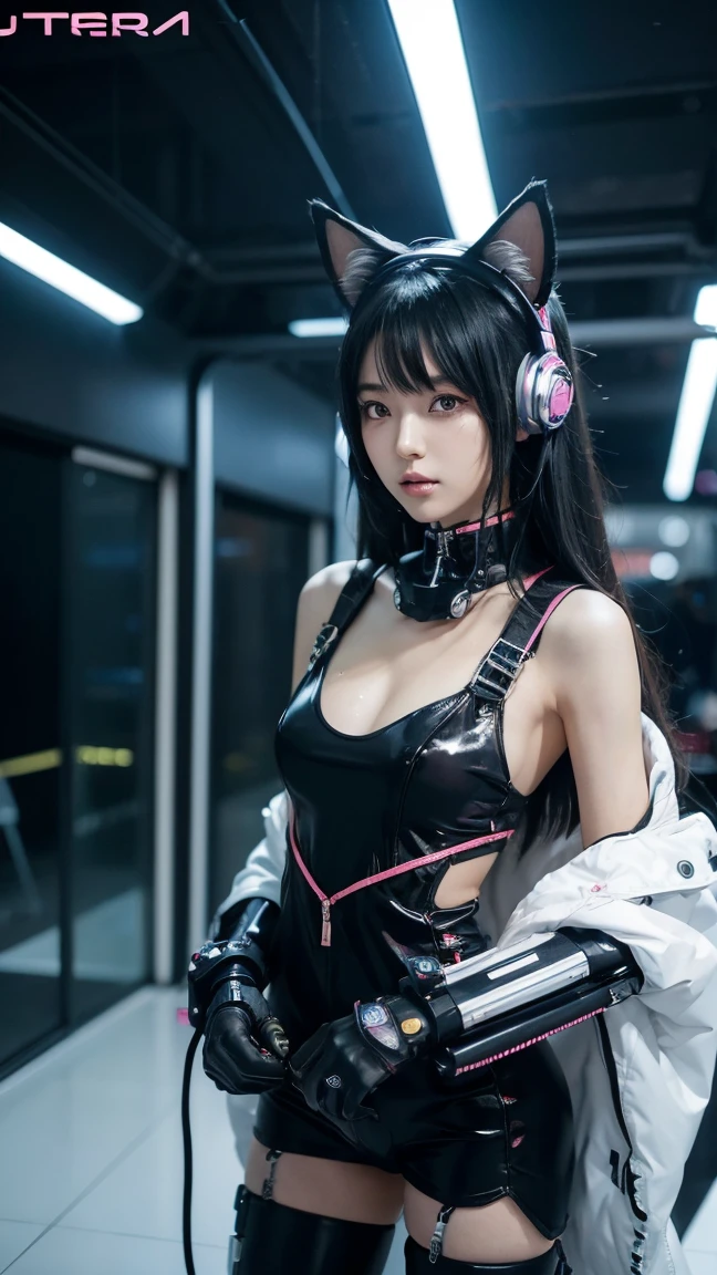 top-quality、master-piece、超High resolution、(real light:1.4)、RAW photo、1 girl、Black Hair、gleaming skin、1mechanical girl、((Super realistic detail))、portrait、Global Illumination、glossy、octanerender、10、Ultra Sharp、Colossal、Raw skin is revealed in cleavage.、Metal、Details of intricate jewelry、Headphone headset、Hydraulic cylinder、Gothloli Details、Realistic lighting、CGSoation trend、purple eyes、shining eyes、facing camera、neon details、mechanical limbs、blood vessels connected to tubes、mechanical vertebra attaching to back、Mechanical cervix attached to the neck.、wires and cables connecting to head、Evangerion、cyberpunked、small LED lamp、central processing unit、Lighting Lamp、perfect proportion、The background is the cockpit of a futuristic spacecraft.、