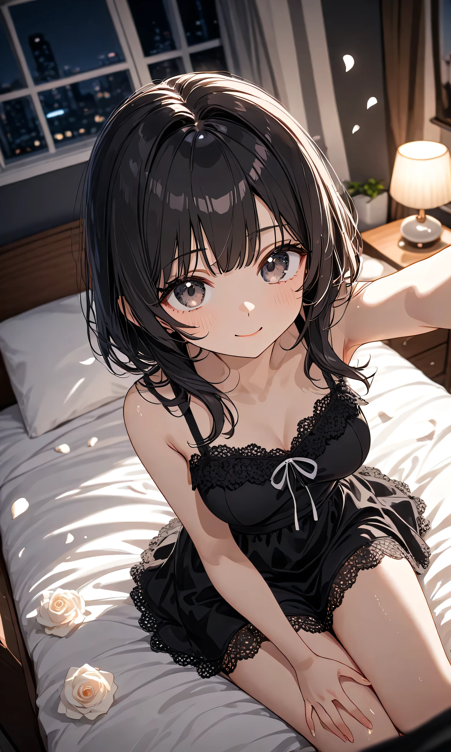 (girl with、独奏、a 、A dark-haired、short-hair、straight haired、hair adornments、eye closed、small tits、cute  face)、​masterpiece、best qualtiy、ultra-detailliert、illustratio、Pajamas with lace、on the beds、Are sleeping、from the rear