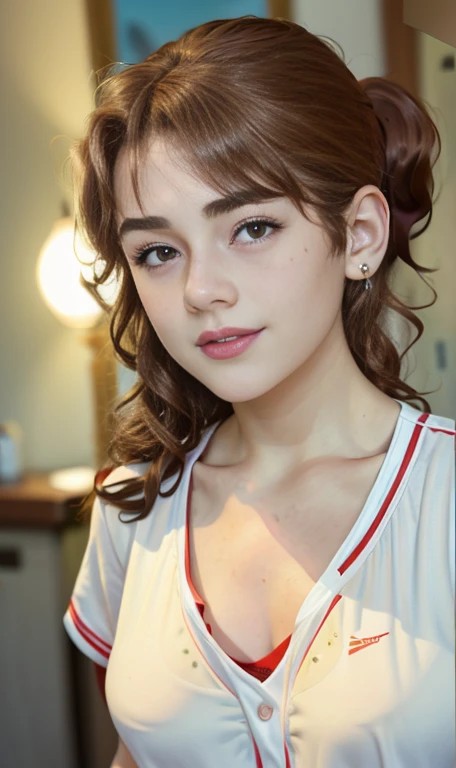 Photo of a 14 year-old american girl, .RAW, beautiful teenage girl, (long brown hair with ponytail), light brown hair ponytail hairstyle((portrait)), ((detailed face:1.2)), (( Detailed facial features )), ( finely detailed skin)  , (Masutepiece) (perfect proportions realistic photos)( The best quality ) (DETAILED)  taken with a Canon EOS R5, 50mm lens, f/2.8, nffsw, (8K) (wallpaper) (cinematic lighting) (dramatic lighting) (sharp focus) (Tangled) medium breasts , medium breasts , lots of freckles on cheeks and nose , freckles on chest, full body , beautiful body of a teenage girl,  nice makeup , big smile  , slim statuesque woman , baseball clothing , baseball uniform , foto de full body ,  ready to bat , Base bat Ball  