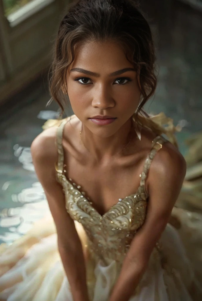 (zendaya:.4), (32k:1.5, Highest quality, masterpiece, Ultra-high resolution), Professional camera work:1.6, Highly detailed skin and face textures:1.3, Captivating portrait:1.2, Very accurate, Very detailed, 1 adult female, Incredibly slim body, sense of loss, Sadness, Expressions of sadness,  Small face, (()), (medium shot), 