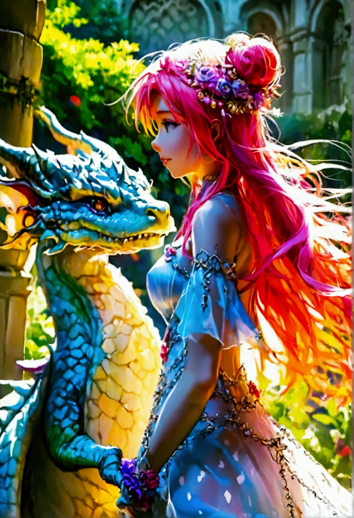 (masterpiece, top quality, best quality, official art, lamia, beautiful and aesthetic:1.2), (1girl), extreme detailed, (fractal art:1.3), colorful, highest detailed, perfect face, upper body, HDR, (praying:1.3), (white cloak golden lines:1.2), galaxy, (light streaks), striking visuals, (dynamic streaks, luminous trails:1.2), vibrant colors, lamia girl, anime style lamia, highres, focus, anime style lamia, full body of anime lamia girl, anime image, long hair, red hair, heterochromia eyes, hair covering ears, polished and powerful look, exotic, lamia,