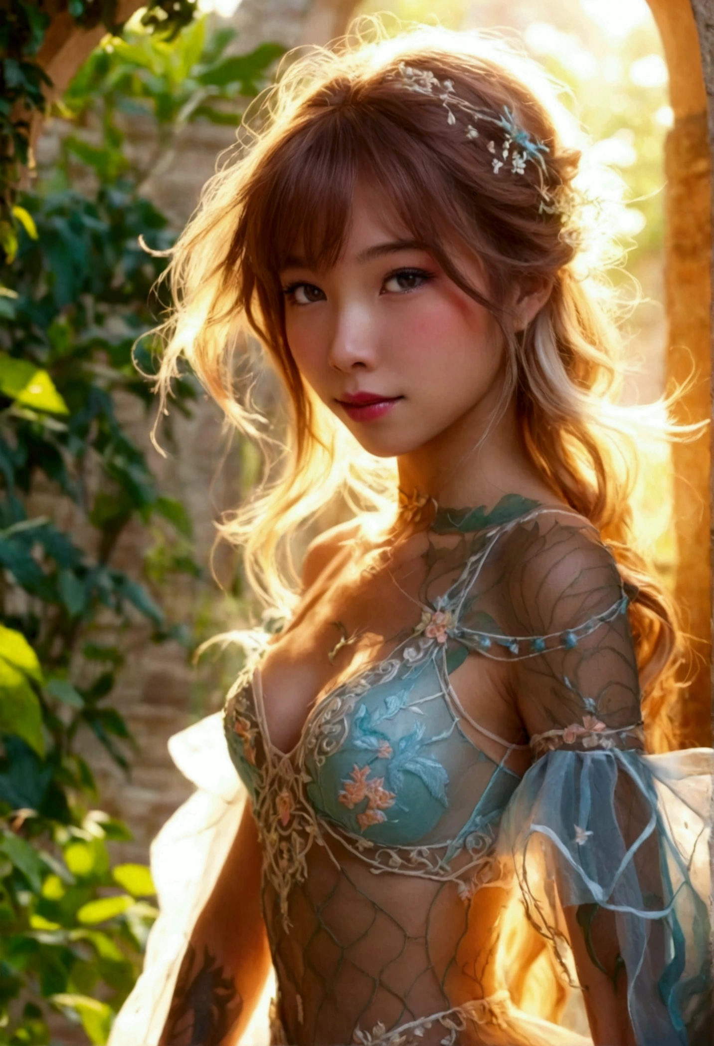 (Highest image quality, Highest image quality, An ultra-high picture quality)、(Raw photo, Realism: 1.4)、(flat chest, Small breasts: 1.5)、((Small breasts))、((Small breasts))、Ultra-fine and beautiful face、(((((1 persons))))),((((Photorealsitic))))、((One girl))、((fully body photo))、(((lensflare))),(((((Back lighting)))))、((In the woods)), sitting on a tree、Leprechaun、elvish、Real Girl、realisitic、Cloak with nude body、((Smiling)),((NIKON Z))、((((s girl)))),(((Smaller bust))))、(((toppless)))、(((pore feel)))、(((Muscle feeling)))、(((photorealisim:6, realisitic)))、Perfect lower body shape、thighs thighs thighs thighs、bow ribbon、pale-skinned、watching at viewers、Small waist