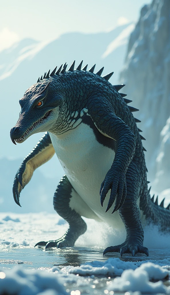 "Create a highly realistic image of an angry and dangerous hybrid creature that combines the features of a penguin and a crocodile, set in an icy, frozen landscape near a lake. This terrifying creature should have the body shape of a penguin, with black-and-white feather patterns, but its back and limbs should be covered in tough, crocodile-like scales, dark green and jagged. Its flippers should be larger and more powerful, resembling the muscular legs of a crocodile, ending in sharp claws. The creature’s head should have a fearsome crocodile snout, filled with sharp teeth, but with the sharp gaze of a penguin, exuding aggression. Its long, thick tail drags behind, partially frozen as it swishes in the snow. The background includes icy terrain, frozen water, and cold mist rising into the air under soft sunlight. Capture the menacing stance of the hybrid, emphasizing its terrifying presence in this cold, desolate environment."