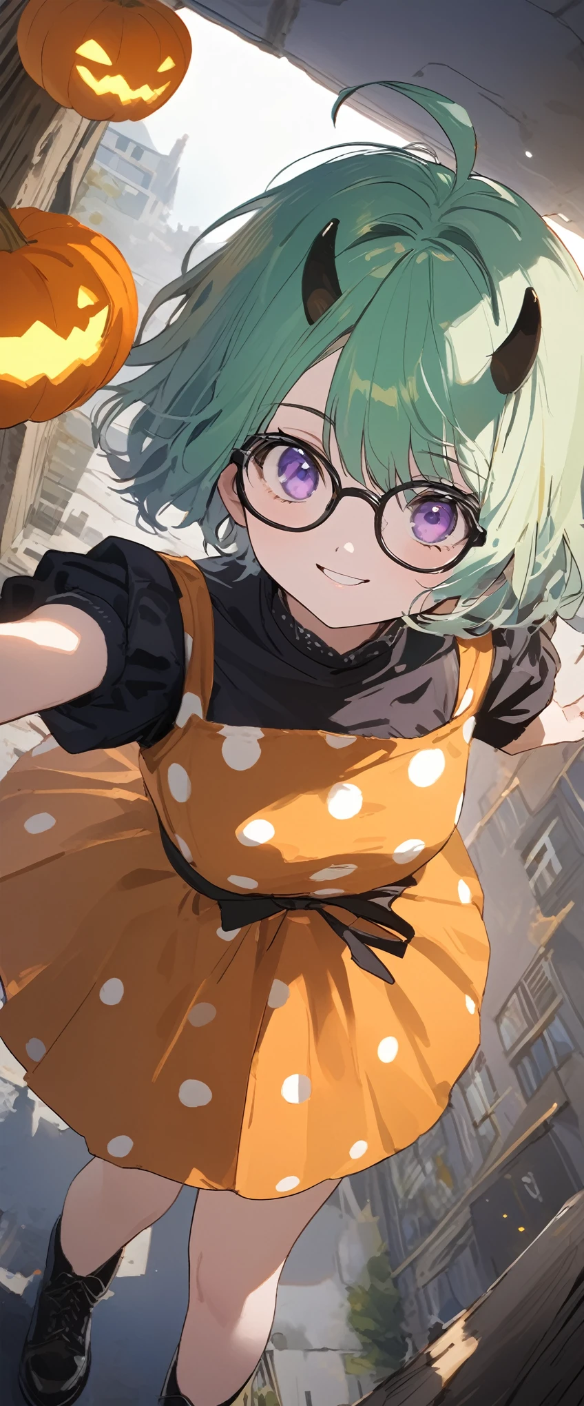 1 girl\The gaze of the viewer、(beautiful girl、 White skin, 青White skin,(wear ((Simple)) ((Orange And Black Polka Dot Dress )), (Background Black)((Ghost Town))( pumpkin lantern)、 upper body(wear black glasses:1.4), (((purple eyes))), Black Boots, Green Hair, bangs, short bob hair,smile, \HELLOWEEN、Two black horns, dynamic pose\), break ,Isometric view, break ,quality\(masterpiece, best quality,8k, 非常に詳細なCGユニットのwallpaper, High Resolution , top-quality, top-quality real texture skin, Surreal, Increase the resolution, RAW Photos, best quality, Advanced Details, wallpaper,Golden Ratio\),Dynamic Angle