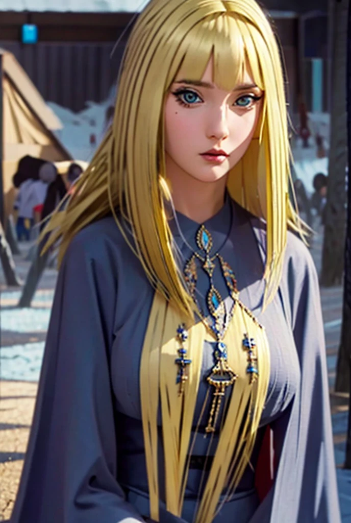 cold, , blonde woman,  short fringed hair, wearing religious clothing  