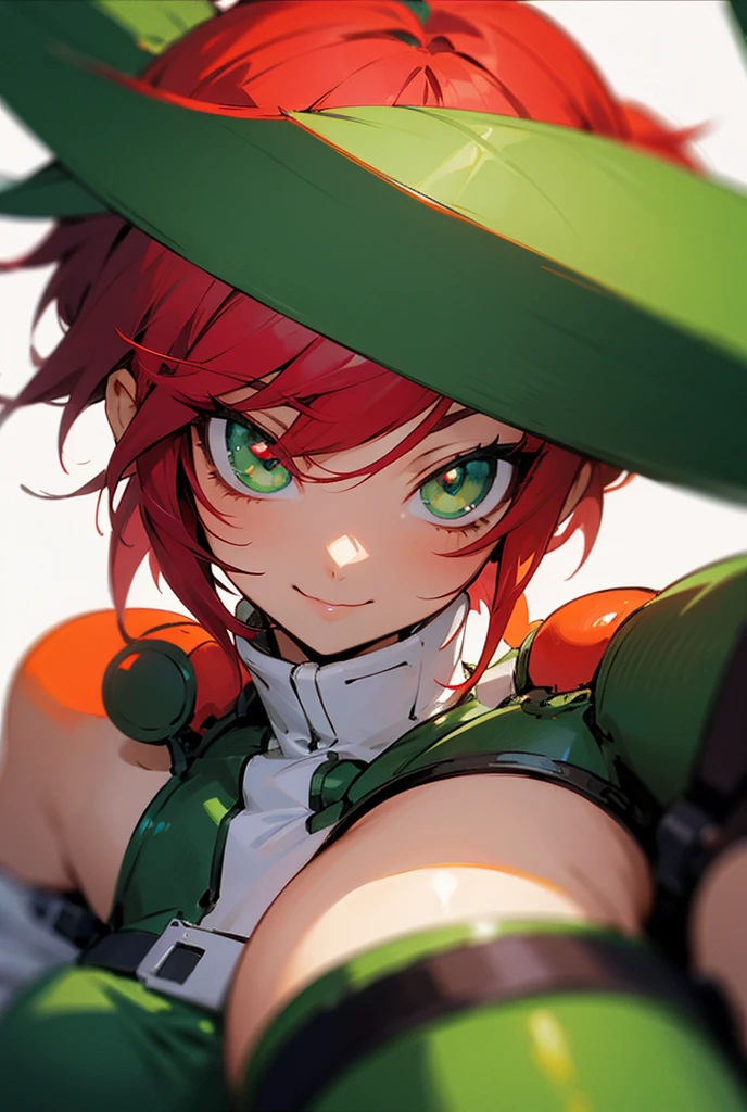 A nice girl, Red poetry, curly ponytail, Chestnut eyes, Exciting Features, Small breasts, green gloves, black belt,