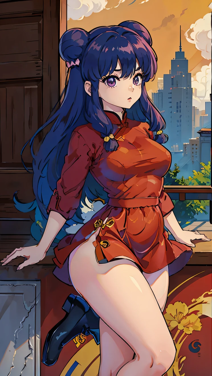 shampoo, Ranma 1/2, , bun head、Purple wide fur, double tail、Chinese traditional dress. blank background. Fitness, muscular, shredded abs, thick thighs, thick calves, sexy legs, thicc thighs, large hips, thin waist, small breasts, high heels, full body, t-posing, t-pose