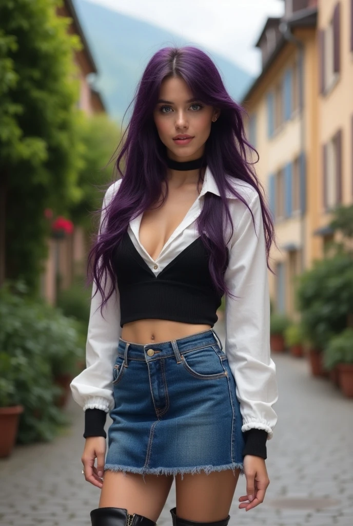 hermoso rostro angelical , Retrato de cara, Cara hermosa, sonriente, ((purple lipstick)), ((Maquillaje muy intenso)), cabello ?????, cabello platinado en las puntas, cabello ondulado, vestido ????? corto, Minifalda negra, Super neckline, Botas altas rosas, Mujer voluptuosa, de frente cuerpo entero hermoso, ropa a la moda,jean sexi masturbandose