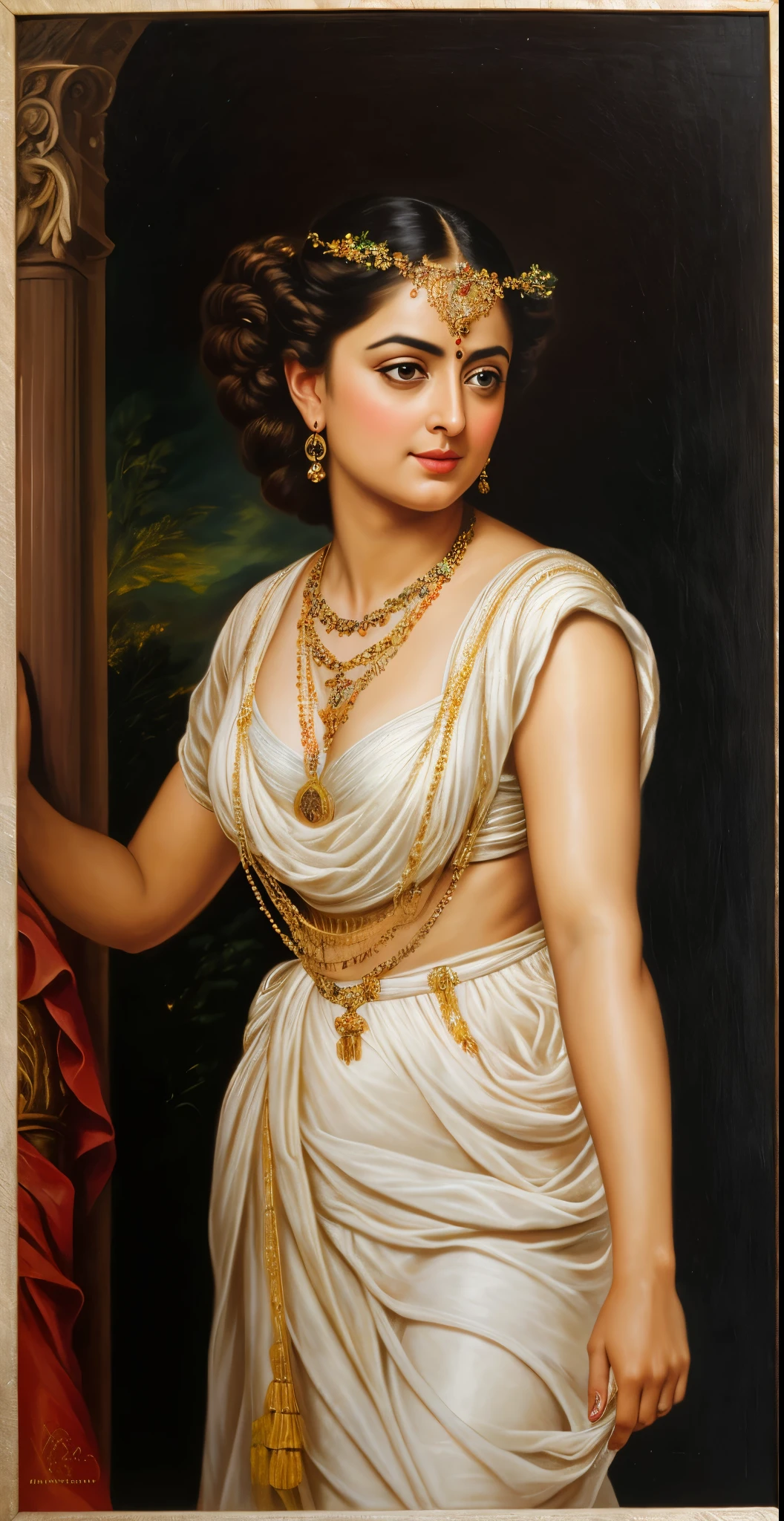 Beautiful Indian Woman, wearing saree, sari Beauty, gorgeous, Apsara, Maharani, royal queen woman, nymph from Hindu Mythology, Urvashi, matchless beauty, Highly detailed, Oil Painting by Peter Paul Rubens inspired by Raja Ravi Varma, Matchless beauty, captivating, gorgeous, heavenly beauty, celestial beauty, by Peter Paul Rubens, 13, realistic, hyper realistic, micro details, incredible artwork, insane details, ultra High resolution, 8k, 32k, acrylic on canvas, intricate, flawless, detailed, detailed face, detailed eyes, masterpiece, by Peter Paul Rubens, by Caravaggio, by William Adolphe bouguereau, perfect face, perfect body, beautiful art, realism, baroque, renaissance Art, highly textured, beautiful and detailed eyes, uhd, best quality,