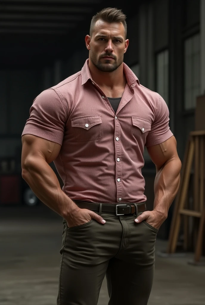 realistic photo of portrait. Photo of a handsome realistic 40 years old man, with brown, short hair, short beard, jeans with a large red belt, naked tors, wearing open a red checkered shirt with an ax in his left hand.