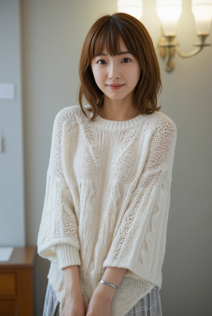 Araphedo woman in white sweater standing in the doorway, wearing sweater, Wearing a sweater, Wearing a white sweater, White sweater, wearing casual sweater, wearing an oversized sweater, Posing in the bedroom, Young skinny gravure idol, wearing white outfit, Sexy gravure idol、medium long hair、