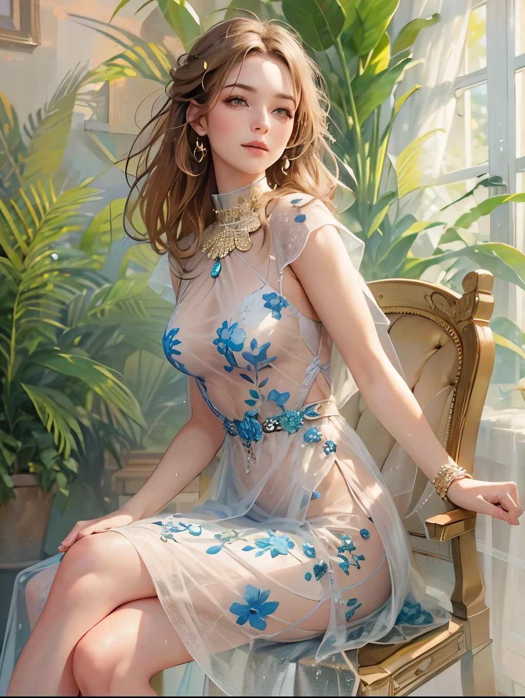 (best quality), (masterpiece), (1girl), solo, beautiful girl, perfect face, perfect body, big breast, sexy dress, indoor, sitting on the chair, watercolor, posing like model, unfinish, simple background, full body portrait, sunny window, pastel color, Monet style color