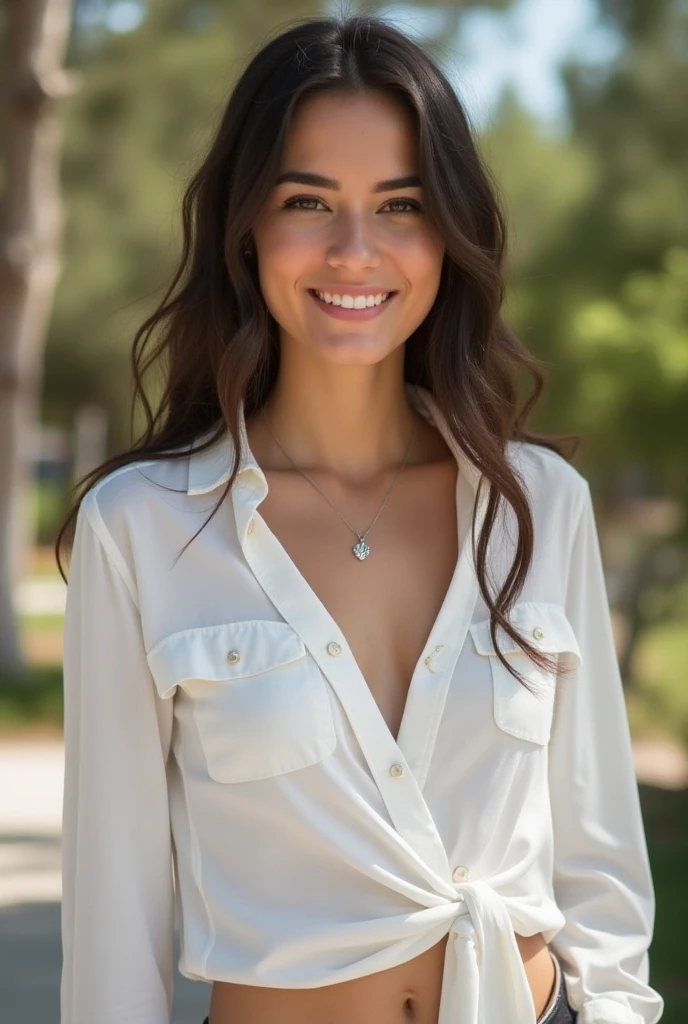 The most beautiful charming cute feminine woman in white glowing silk shirt in paradise with smile