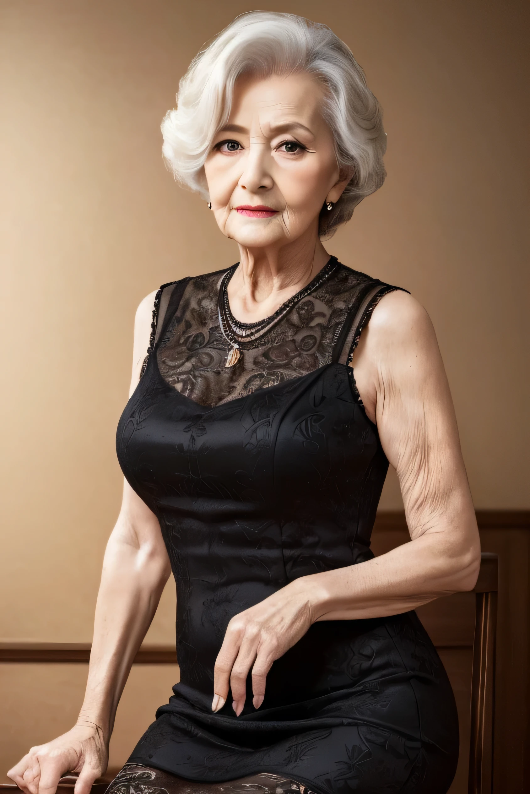 repay, masterpiece,  high res, Realistic, RAW Photos, 8K wallpaper, perfection, Professional Lighting,   very detailed, ((Beautiful old lady)), 80 years old, Sexy old woman, ((Sexy black mini dress)), ,   upper body, (( Gazing at the viewer &#39;eye)), Detailed face, Beautiful eye, ((I&#39; I'm looking forward to it )), In the stylish dining room, sunny, bangs, Shapely breasts,   short bob hair, Plump and glossy lips,   cowboy shot, ((  place your arms between your legs))