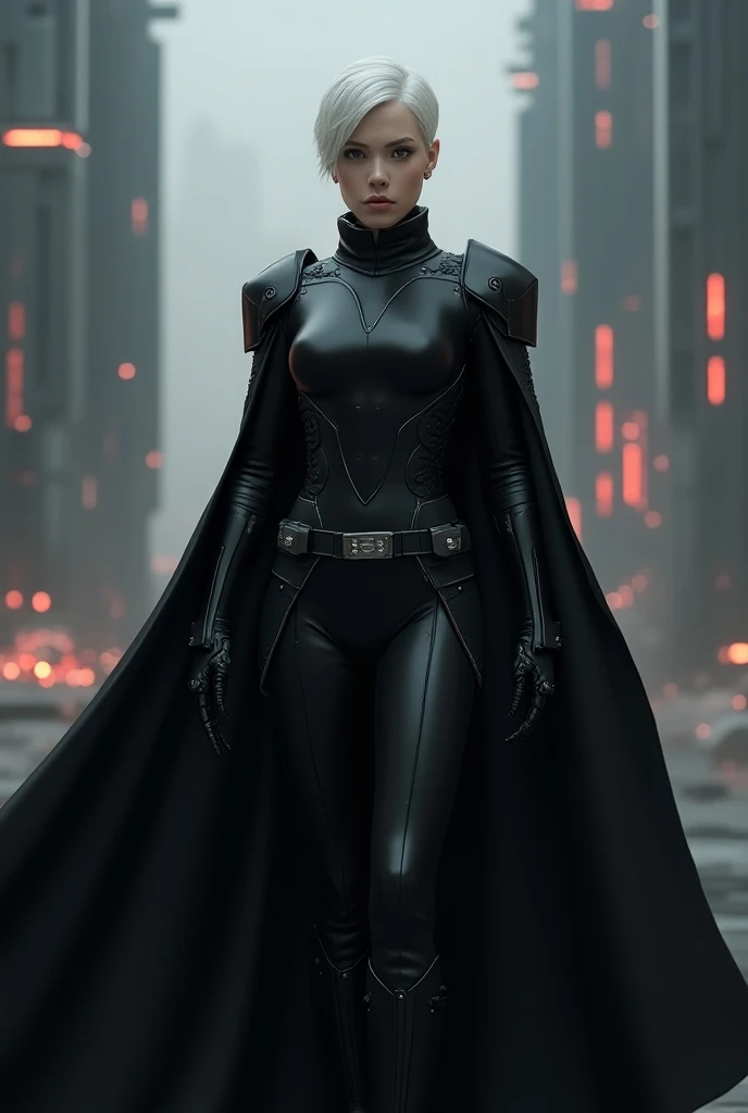 Star Wars themed, Kira is a tall, slender woman with long, straight black hair and large, dark eyes. She has olive skin and wears a short, asymmetrical haircut, which emphasizes her angular face and the strong lines of her eyebrows. always seen wearing a fitted jumpsuit, in a thick black fabric. She wears heavy leather boots and always wears a wide silver metal belt over her overalls. She also wears a thick hood, usually pulled up to hide her face, and has dark leather gloves with metallic plates on the backs of her hands. Over the uniform, she wears a long and heavy cape, in a dark brown tone.