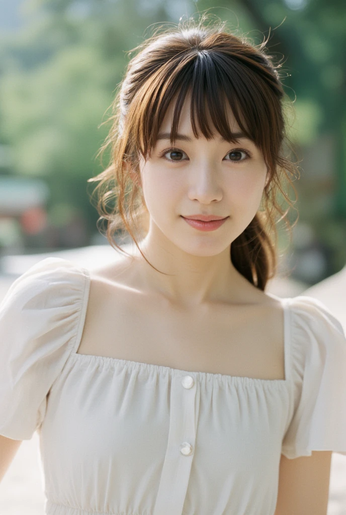 one beautiful women, ((smiling)),Skinny Japanese young woman,)),Sexy, Detailed face, beautiful eyes, bangs, medium breasts, very thin waist, Light Brown wavy Hair, Faint lips, ((standing at front, Staring at the viewer,)), white summer dress, skirt, (full-body photo), ((cowboy shot)), posing,