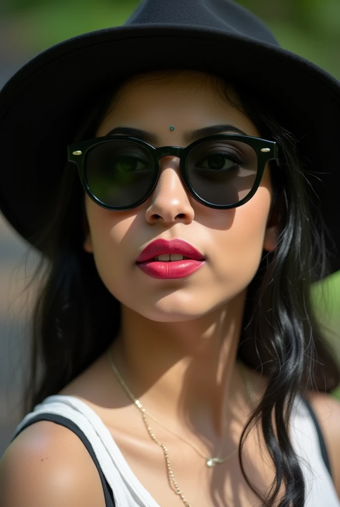 a woman wearing black sunglasses and a hat, in the style of black and white imagery, vray tracing, tamron sp 70-200mm f/2.8 di vc usd g2, bold fashion photography, luminous shadowing, close-up, crisp and clean look --ar 14:25 --stylize 750 --v 6, with beautiful exotic, 32K, UHD