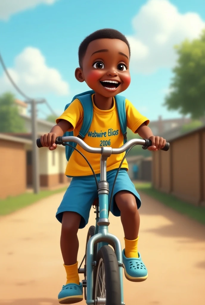 Little black boy smiling happily seen from the front sitting on the bike on the park lawn, Pixar style, 3D style, Disney style, 8k, cute