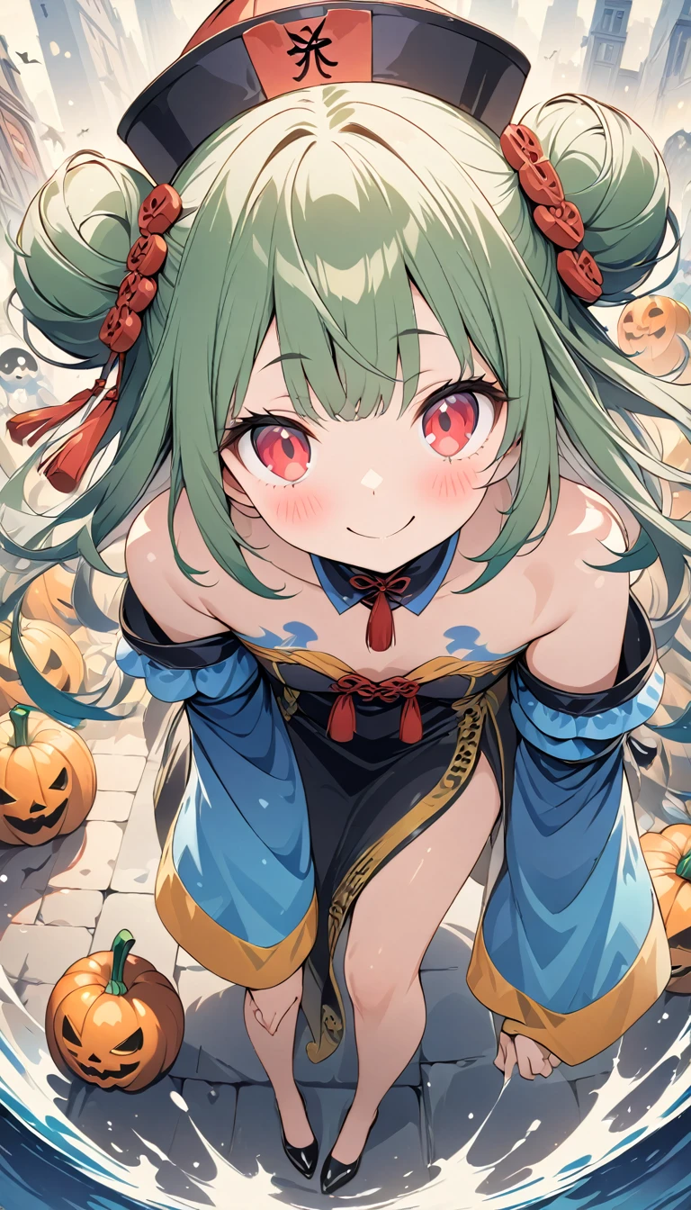 Momoko Sakura style、8K quality、, Best Quality,(((Rushia)))、(((Young Girl)))、( Red Eyes),（Short stature）,Green Hair、Bun Hair、Young appearance、（Jiangshi costume）,Cute ghost、many jack-o-lanterns、Halloween cityscape、(((Exposed shoulders))),Feeling embarrassed、Smiling with mouth closed、Happy Face, 、Avant-garde pop art, Beautiful and expressive paintings,  beautiful artwork illustration, wonderful, Cool Beauty、Official Art, Vector art,  stylish design , (((The most beautiful girls))), (((Best Quality))),  High Resolution , ((detailed)),, ((masterpiece)), ((Super detailed)),（ beautiful skin）,(Full body painting)
