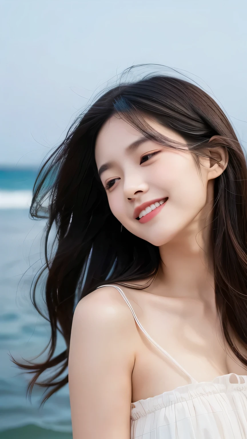 swimwear,,plump body,gleaming skin,double eyelid,smiling,semi-long hair,black hair,black eyes,evening,beach,mysterious,high quality,photorealistic,japanese,beautiful woman,gravure,fashionable