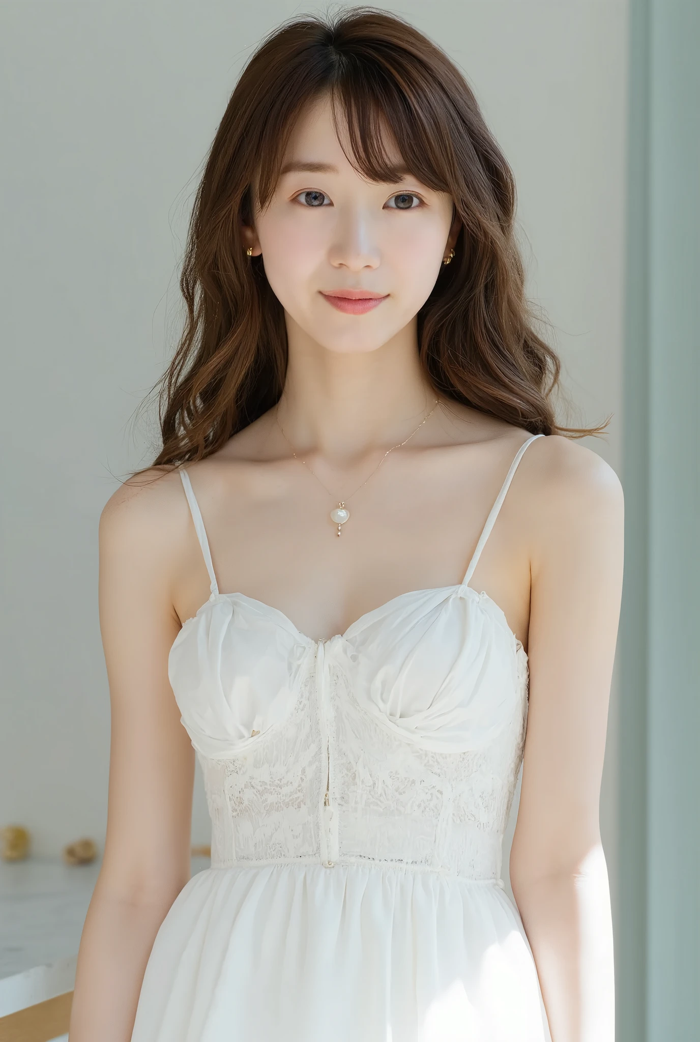 one beautiful women, ((grinning)),Skinny Japanese young woman,)),Sexy, Detailed face, beautiful eyes, bangs, medium breasts, very thin waist, Light Brown wavy Hair, Faint lips, ((standing at front, Staring at the viewer,)), white summer dress, skirt, (full-body photo),posing,