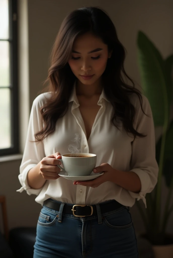 ((best quality)), ((masterpiece)), (detailed), 1girl, woman holding coffee cup
