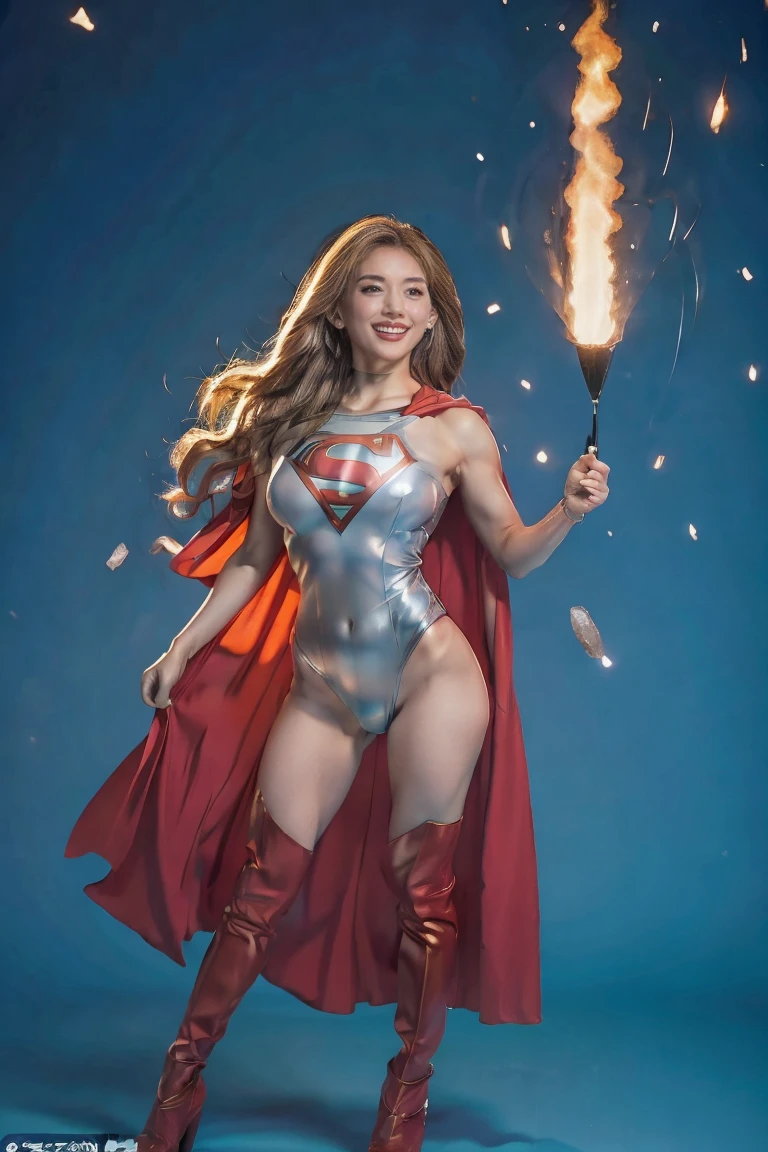 ((Full Body View)), ( SUPERGIRL is mysterious as being in space ), ( she lifts a large asteroid with her hands ), ( she has blond hair ),  anatomically correct,, emphasizes muscles and breasts .  has galaxies around it .  the camera shows her whole body in detail . ( she has light brown hair), She has semi-long hair ,  ( she has a confident smile ),  (  she has a gentle personality ).  Super Girl art image, Stand on the roof of Building Street, 体にフィットしたヘソが見えるスーパーガールの光沢のあるラバー製High legコスチューム, High leg,  beautiful,  light brown hair,  very big boobs,  breasts so big that they stick out of your body, blue sky, , Louis Royo, Boris Vallejo, Frank Frazetta, Extreme concentration,  sharp details, sexy, Oily skin, sexy, mischief, sexy pose, Crotch line, Standing with legs wide open,  anatomically correct, Smiling at the audience, 