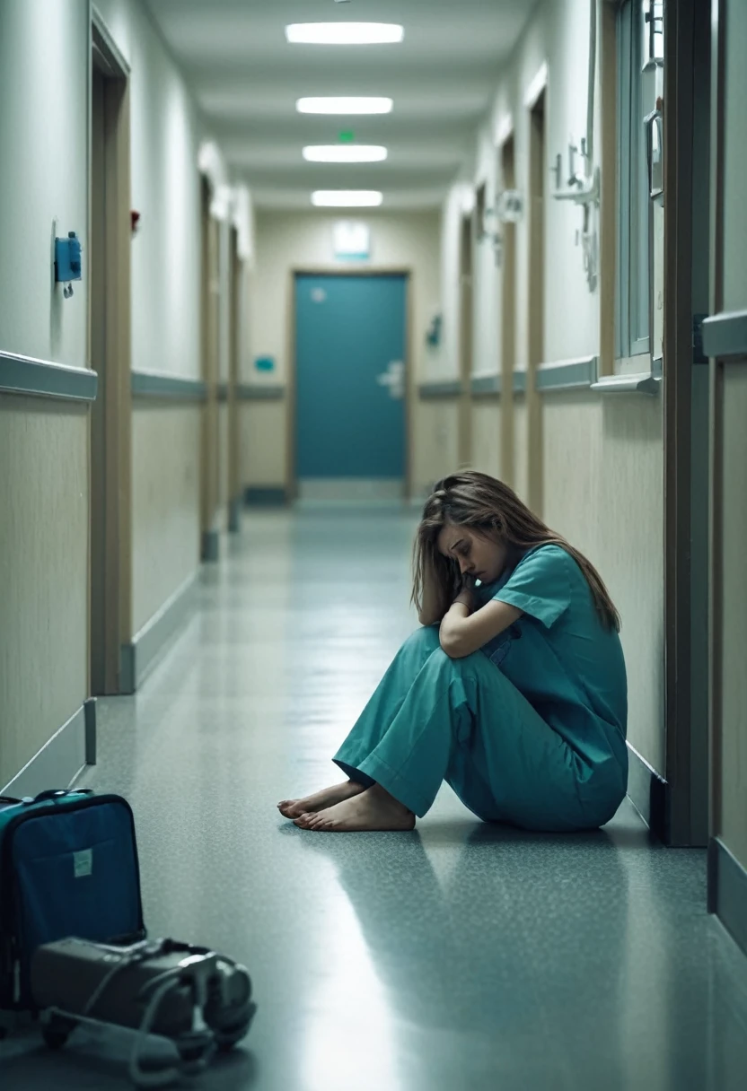 Medium shot, An intense portrait of a nurse crying sitting in a corridor in a LA hospital, shot on Kodak Ultramax 400 film to give saturated color and dramatic effect