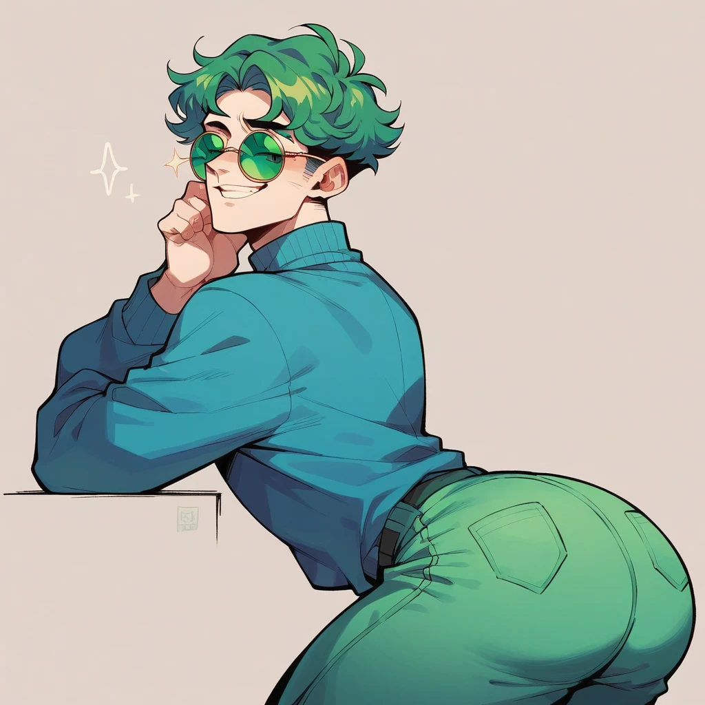 Girl, green pixie cut hair, flat chest, small butt, naked