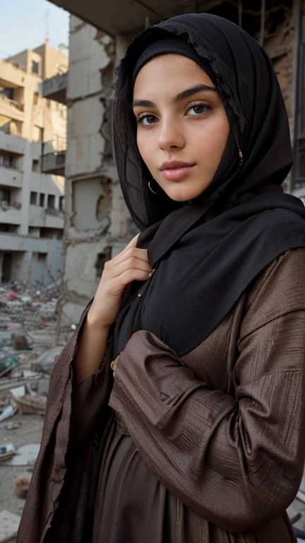 1 busty petite arab woman, close up, face focus, looking at camera, dark brown skin, anorexic, petite body, nubile, cute face, big nose, posing for picture, perfect lips, fat lower lip, abaya dress, hijab, modest clothes, black clothes, dirty dusty clothes, stabding by a bombed out building, 