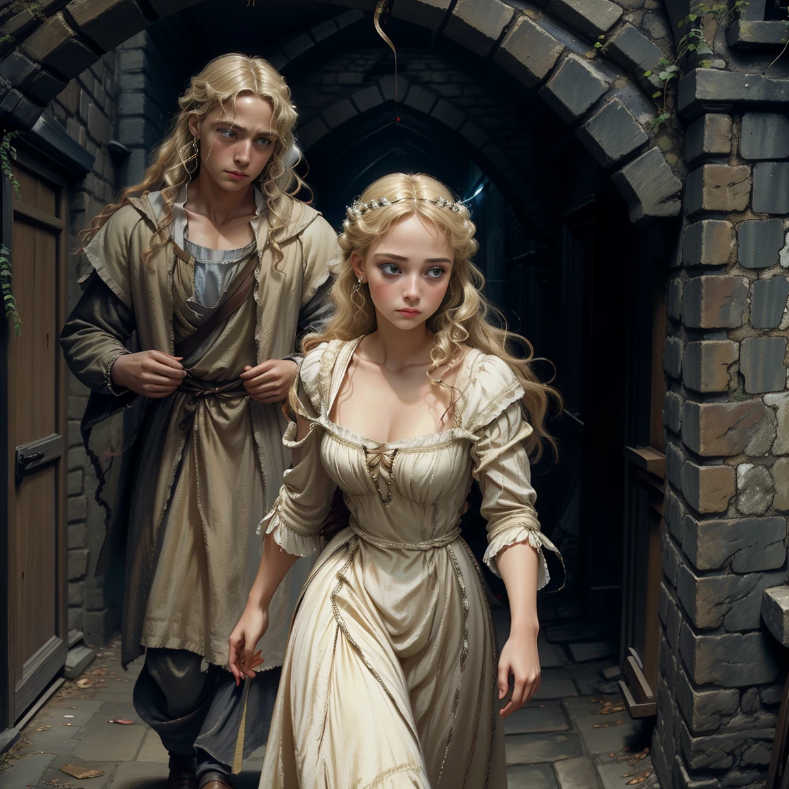 Young woman with a childlike face. elegant, sober. sad look, crying. Renaissance era. Beautiful dress, party dress, with neckline. blonde woman, beautiful, wavy hair,  accompanied by an archer man, Adventurous. walks resolutely, along a medieval street