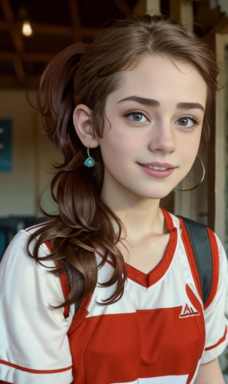 Photo of a 14 year-old american girl, .RAW, beautiful teenage girl, (long brown hair with ponytail), light brown hair ponytail hairstyle((portrait)), ((detailed face:1.2)), (( Detailed facial features )), ( finely detailed skin)  , (Masutepiece) (perfect proportions realistic photos)( The best quality ) (DETAILED)  taken with a Canon EOS R5, 50mm lens, f/2.8, nffsw, (8K) (wallpaper) (cinematic lighting) (dramatic lighting) (sharp focus) (Tangled) medium breasts , medium breasts , lots of freckles on cheeks and nose , freckles on chest, full body , beautiful body of a teenage girl,  nice makeup , big smile  , slim statuesque woman , baseball clothing , baseball uniform , foto de full body ,  modelaje , caminando , guiñando