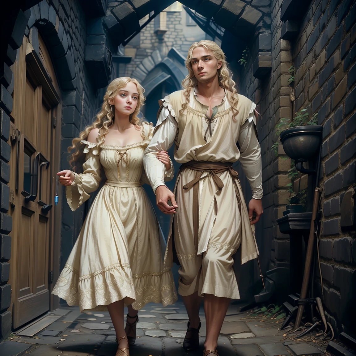 Young woman with a childlike face. elegant, sober. enigmatic look. Renaissance era. Beautiful dress, party dress, with neckline. blonde woman, beautiful, wavy hair,  accompanied by an archer man, Adventurous. walks resolutely, along a medieval street