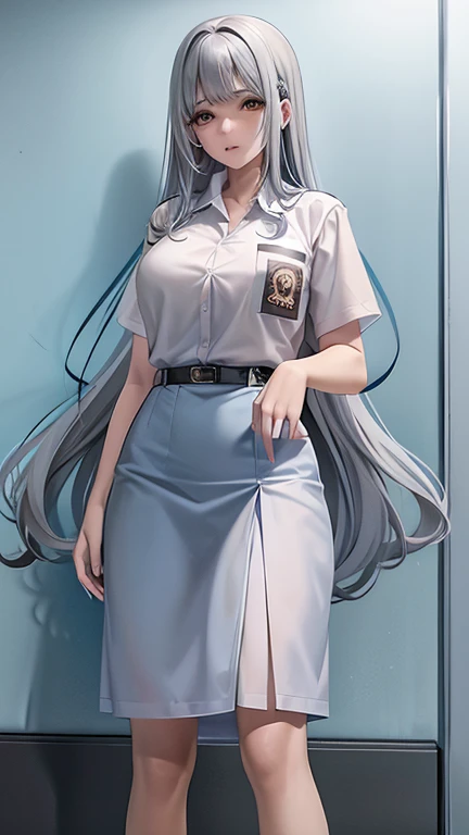 wavy silver hair that cascades to the middle of her back.  Brown eyes.  Slim and athletic build. Wearing Indonesia high School uniform.Wearing white shirt, She was wearing a  skirt in shades of blue, a light blue shirt.  He was wearing sports shoes. Very Busty. 