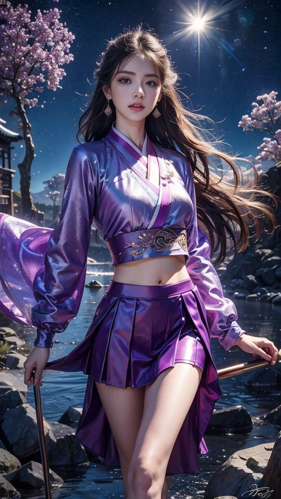 A female model, (Race:Chinese),((night, Snowy mountain hot spring, moonlight, snow)), (8K Ultra HD, 8K, Ultra-high resolution, best quality, masterpiece, Surrealism, Digital SLR Camera, Soft Light, Bokeh, Masterpieces), ((((Beautiful model-like face))), (Creating the image of a real girl), warm light, Realistic shadows, Dynamic poses, Elegant Posture, Cowboy lens, Full body front view, Be confident, Body facing the camera, Standing facing the camera, Open your legs slightly, Golden Ratio Graphics, Minimalism), (Happy smile, Big watery eyes, Cherry Blossom, Balanced Eyes, Perfect beautiful face, Normal facial features, Realistic skin, Attention to skin details, Skin is clean and radiant, Whitening, Perfect body, cosmetic, earrings, bracelet, necklace, Jewelry, veil, Hair accessories, Headdress), ((beautiful hair), black hair, Wavy curly hairstyle, Waist-length hair, Messy Hairstyle, Gradient hairstyles, Cyberpunk hairstyle), ((Transparent clothes:1.5), (The color of the clothes: Pink), Transparent Clothes, See-through clothes, Transparent Clothes, Tulle clothes, Mesh clothes, Transparent sci-fi clothes, Shiny micro bikini bra, (Clothes that accentuate your bust shape)), (Sexy的, Perfect breast shape, Teardrop chest shape, Snow-white breasts, very detailed breasts, 34E cup), (Super high waist, Deep V, Low-cut, Sexy, Flattering, , (Camel toe, High fork strangulation)), (sock, Knee socks, 吊garter, Leg ring, garter, 腿部garter), (pattern:line)