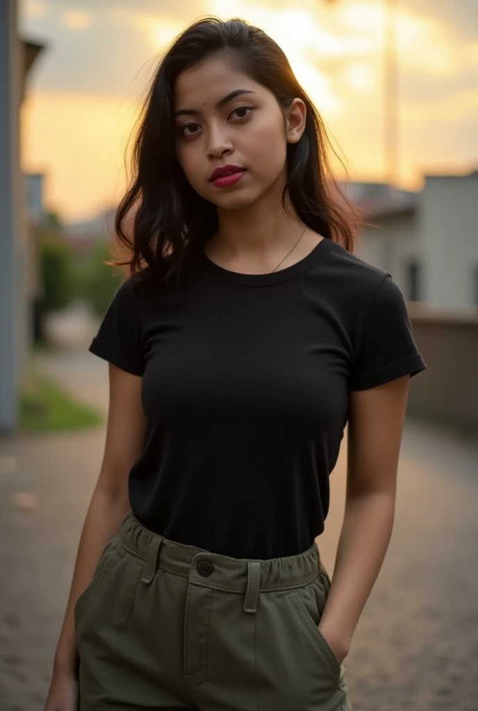 photography, front view, dynamic range, female model, upper-body, black T-shirt, dark khaki cargo pants, urban backdrop, dusk, dramatic sunlights, bokeh, cityscape, photorealism, natural, UHD --ar 9:16 --stylize 300, with beautiful exotic, 32K, UHD