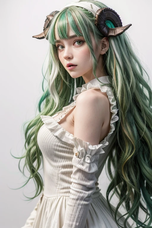 A girl in a formal suit of emerald color, with long emerald hair, with bear ears, She holds an emerald falcon of shampoo in her hand. On White Background