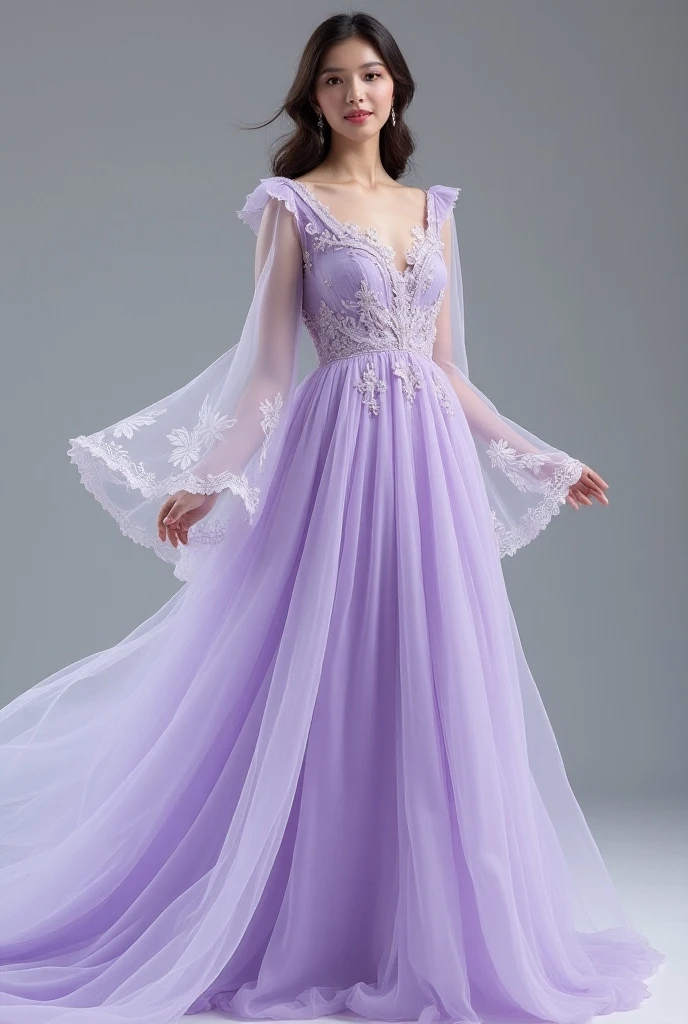 Long sleeve dress in lilac color with a V-shaped neckline, its sleeves are long in tulle. The skirt and sleeves have European dragons embroidered in silver.. 
