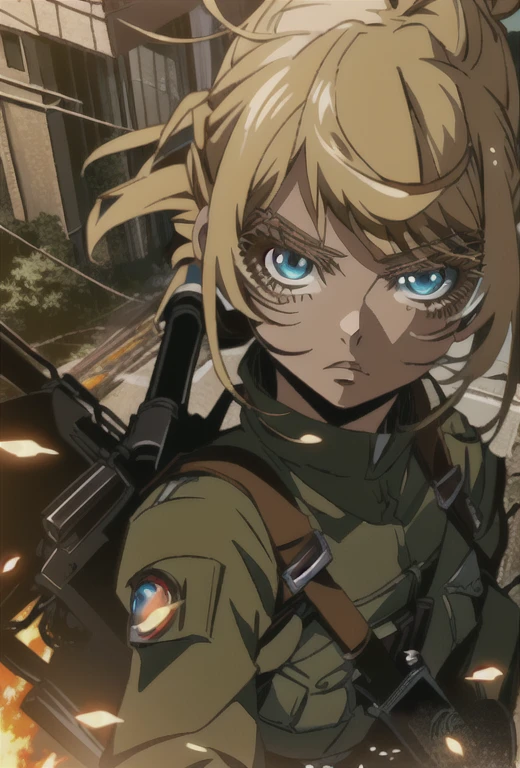 a cartoon picture of a girl with goggles and a gun, ry girl, in attack on titan, of a sniper girl in war, soldier girl, from attack on titan, female protagonist 👀 :8, epic anime style, neferpitou, anime girl named lucy, anime character, annie leonhart, trigger anime artstyle, mechanized soldier girl