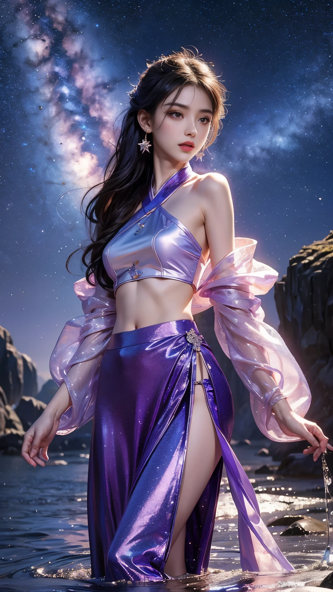 8K, UHD, MAsterpiece, 1 girl, good face, detailed eyes, detailed lips, ((very long hair)), small breasts, ((sparkle clothing)), ((purple clothing)), ((sexy hanfu skirt)), ((bare navel)), ((bare arms)), earrings, eyeshadow,, jewelry, light particles, looking at viewer ,makeup, signature, solo, space, standing, star (sky), starry sky, starry sky print, ((water)), ray tracing,