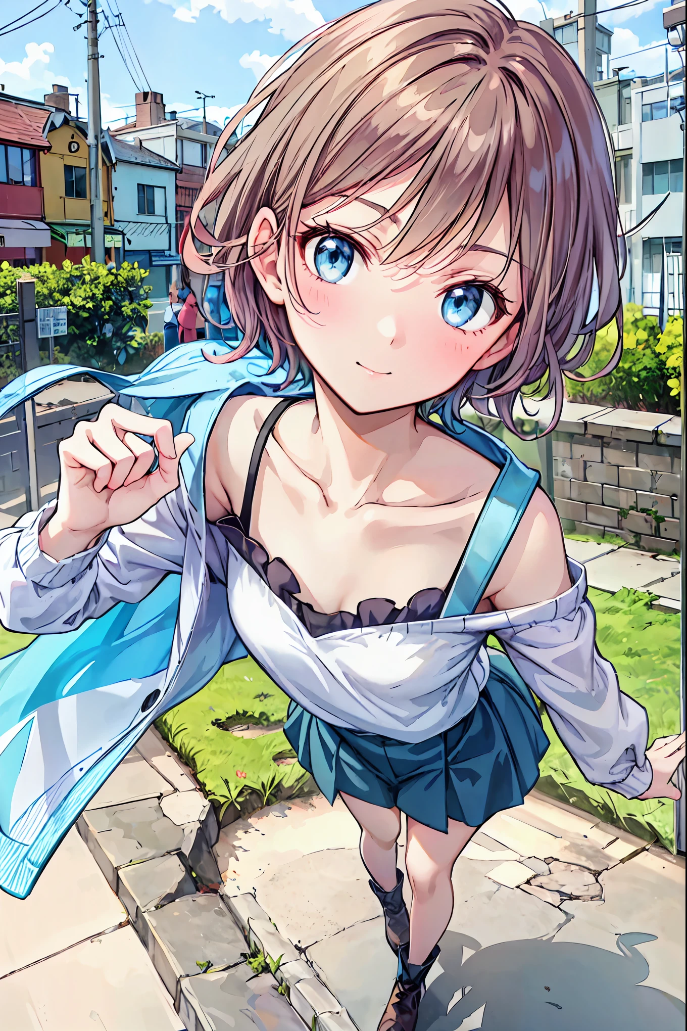 masterpiece,16k,8k,Delicate expression,highest quality,high resolution,High resolution,Sweat,1girl,look at viewer,blush,happy smile,sweat stains,fish eye lens,cowboy shot,summer,from front,from above,(pov:1.4),fisheye lens,upper body,show your oral,open mouth,long tongue out,show off armpits,sleeveless,pool,