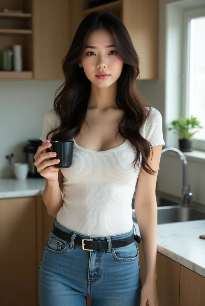 there is a woman that is holding a cup of coffee, anime girl in real life, realistic young girl, portrait of cute anime girl, cute natural face, kawaii realistic portrait, realistic anime 3 d style, cute kawaii girl, attractive anime girl, photorealistic anime, mysterious coffee shop girl, young anime girl, cute anime girl, anime girl with long hair