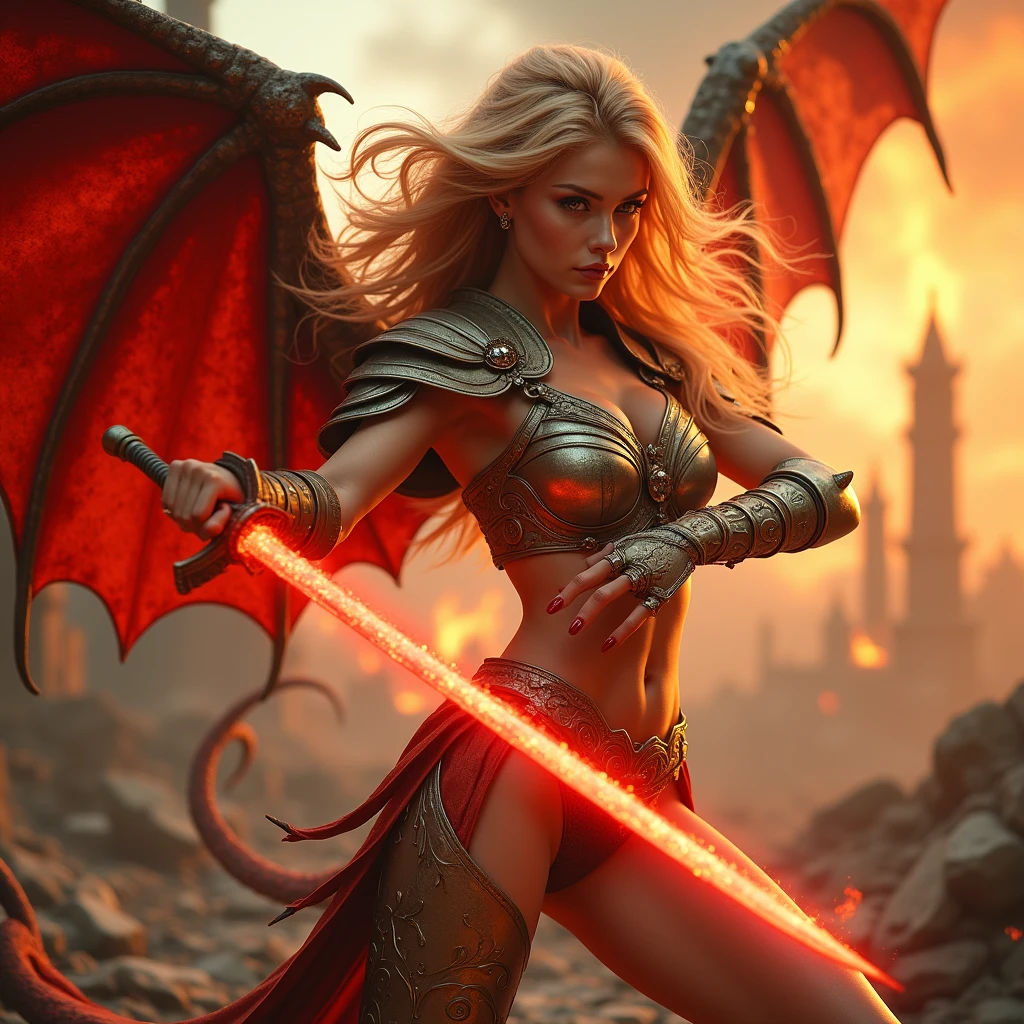 (32k, ultra highest quality, epic masterpiece, final fantasy style: 1.2), (ultra Realistic, ultra professional photoRealistic: 1.37), Super detailed, One Girl, {dragon knight with thick long sword imbued with light}, Wide viewing angles, huge firm bouncing bust, Very delicate depiction, Detailed depiction of the face, Detailed depiction of hair, Accurate skeleton, Dress with intricate patterns, Complicated armor, long thick sword,dream-like,Ultra-realistic mixed fantasy world,A mix of realistic and fantastical elements,Magical Effects,(Magic circle on the ground, Casting a Spell, Swirling Magic, Light particles),Dynamic Light,red,fire, red fire eyes,elegant,Rays of Sin,dark,(dark magic), (strict), The battle between good and evil, (Swirling Flames:1),universe, lightning, eruption, magic circle, Complex patterns, (dragon:1.4), (huge mother crystal, huge flame:1.2), ultra sharp-focus, ultra-highdef, ultra-highres, raw, nsfw, --v 6 --s 1000 --c 20 --q 5 --chaos 100