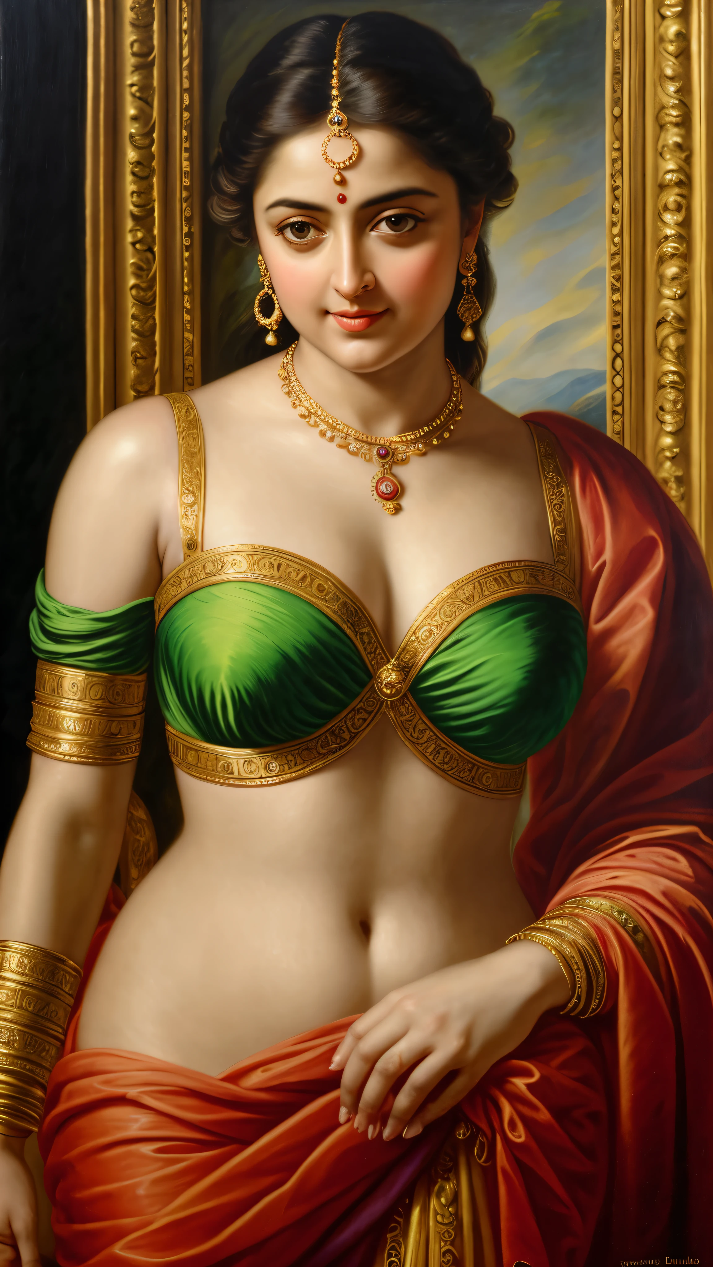 Beautiful Indian Woman, wearing saree, sari Beauty, gorgeous, Apsara, Maharani, royal queen woman, nymph from Hindu Mythology, Urvashi, matchless beauty, Highly detailed, Oil Painting by Peter Paul Rubens inspired by Raja Ravi Varma, Matchless beauty, captivating, gorgeous, heavenly beauty, celestial beauty, by Peter Paul Rubens, 1893, realistic, hyper realistic, micro details, incredible artwork, insane details, ultra High resolution, 8k, 32k, acrylic on canvas, intricate, flawless, detailed, detailed face, detailed eyes, masterpiece, by Peter Paul Rubens, by Caravaggio, by William Adolphe bouguereau, perfect face, perfect body, beautiful art, realism, baroque, renaissance Art, highly textured, beautiful and detailed eyes, uhd, best quality,