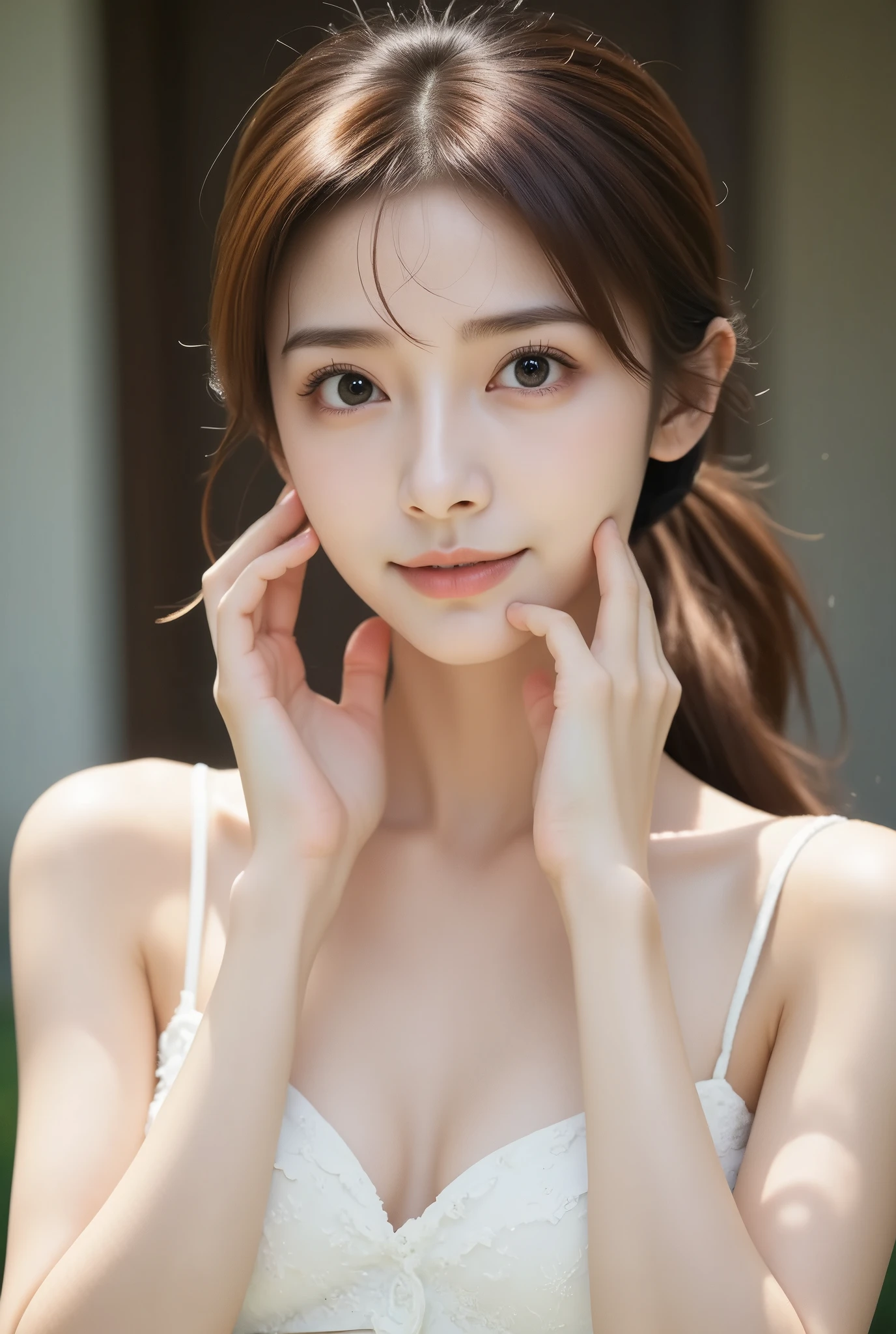 A close-up photo of an East-Asian slender woman ((with her hair tied in a ponytail))) and smiling, wearing a white summer dress, and her both hands on her cheeks.