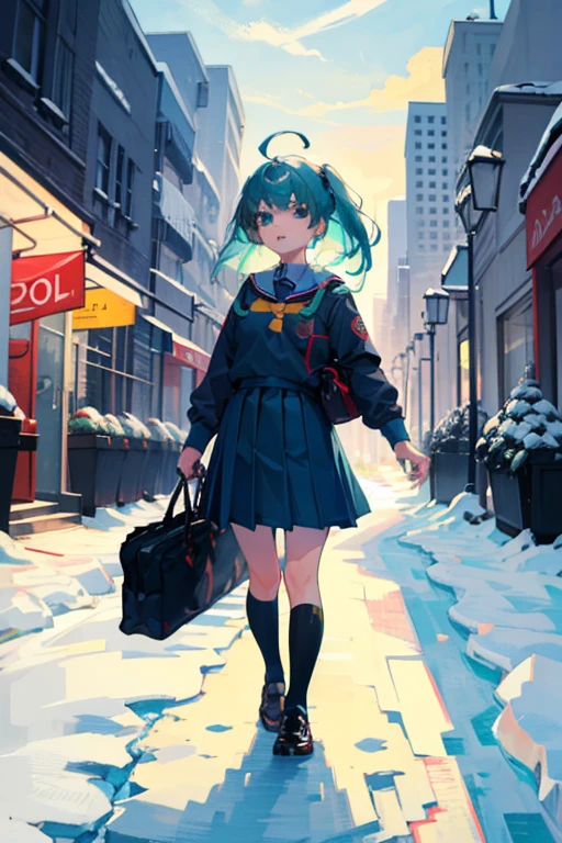 Best Quality,超A high resolution,1girl in,Solo,Full body,Snow,city,, Blue hair,Green eyes,nffsw,School uniform,