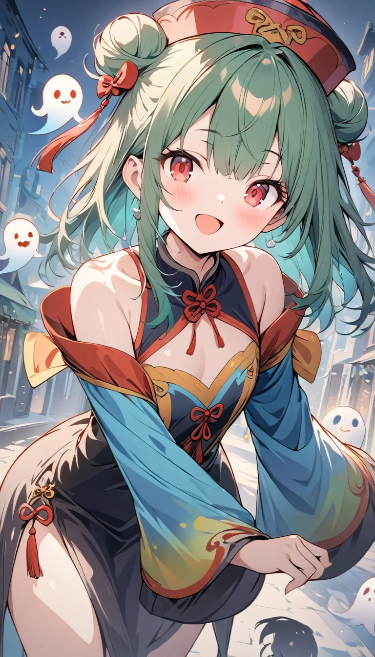 Momoko Sakura style、8K quality、, Best Quality,(((Rushia)))、(((Young Girl)))、(( 1 girl)),( Red Eyes),（Short stature）,Green Hair、Bun Hair、Young appearance、（Jiangshi costume）, Jack O Lanterns Lined Up Neatly、Floating Ghosts 、（Halloween cityscape）,(((Exposed shoulders))),Smiling with mouth closed、Happy Face, 、Avant-garde pop art, Beautiful and expressive paintings,  beautiful artwork illustration, Cool Beauty、Vector art,  stylish design , (((The most beautiful girls))), (((Best Quality))),  High Resolution , ((masterpiece)), ((Super Details)),（ beautiful skin）,(Full body painting)
