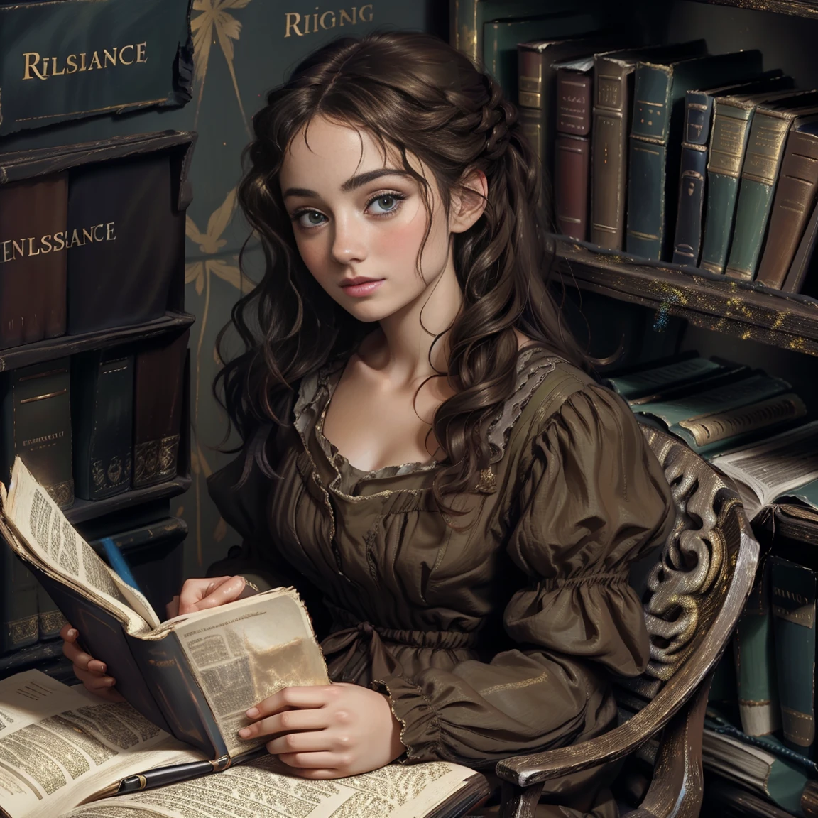 Young woman with a childlike face. elegant, sober. enigmatic look. Renaissance era. Beautiful dress, party dress, with neckline. Brown-haired woman, beautiful, wavy hair. Sitting in a library or office