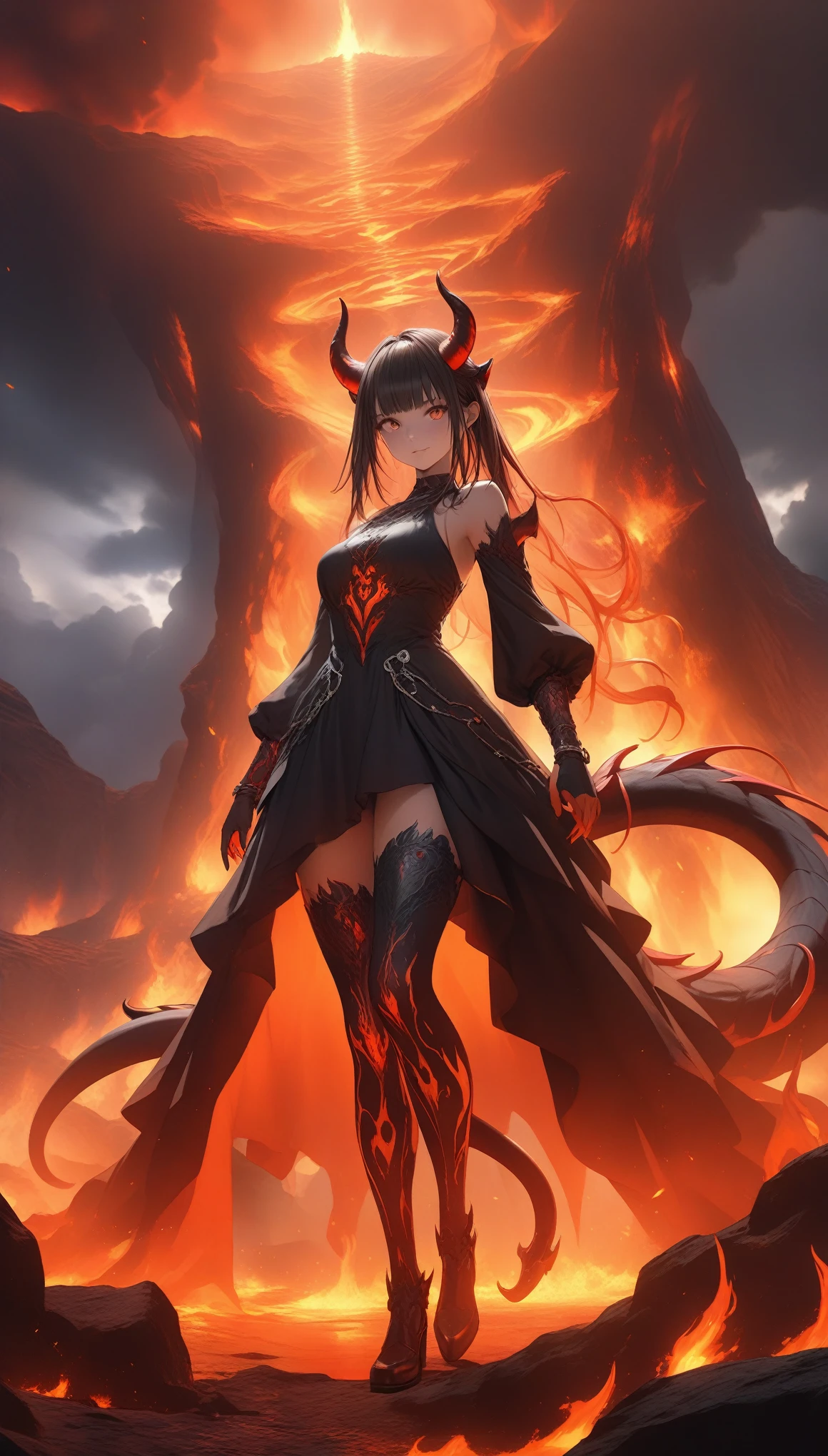 (dark skin), (demon horns), (well-defined eyes, high resolution, ultra detailed) large breasts, Immortal temptation takes over my mind Condemned Fallen weak on my knees, summon the strength Of mayhem I am the storm that is approaching Provoking black clouds in isolation I am reclaimer of my name Born in flames, I have been blessed My family crest is a demon of death Forsakened, I am awakened A phoenix's ash in dark divine Descending misery Destiny chasing time Inherit the nightmare, surrounded by fate Can't run away Keep walking the line between the light Led astray Through vacant halls I won't surrend 5r The truth rev 5aled in eyes of ember We fight through fire and ice forever Two souls once lost, and now they remember I am the storm that is approaching Provoking black clouds and isolation I am reclaimer of my name Born in flames, I have been blessed My family crest is a demon of death Forsakened, I am awakened A phoenix's ash in dark divine Descending misery Destiny chasing time Disappear into the night Lost shadows left behind Obsession's pulling me Fading, I've come to take what's mine Lurking in the shadows under veil of night Constellations of blood pirouette Dancing through the graves of those who stand at my feet Dreams of the black throne I keep on repeat A derelict of darkness, summoned from the ashes The puppetmaster congregates all the masses Pulling strings, twisting minds as blades hit You want this power? Then come try and take it Beyond the tree Fire burns Secret love Bloodline yearns Dark minds embrace Crimson joy Does your dim heart Heal or destroy? Bury the light deep within Cast aside, there's no coming home We're burning chaos in the wind Drifting in the ocean all alone